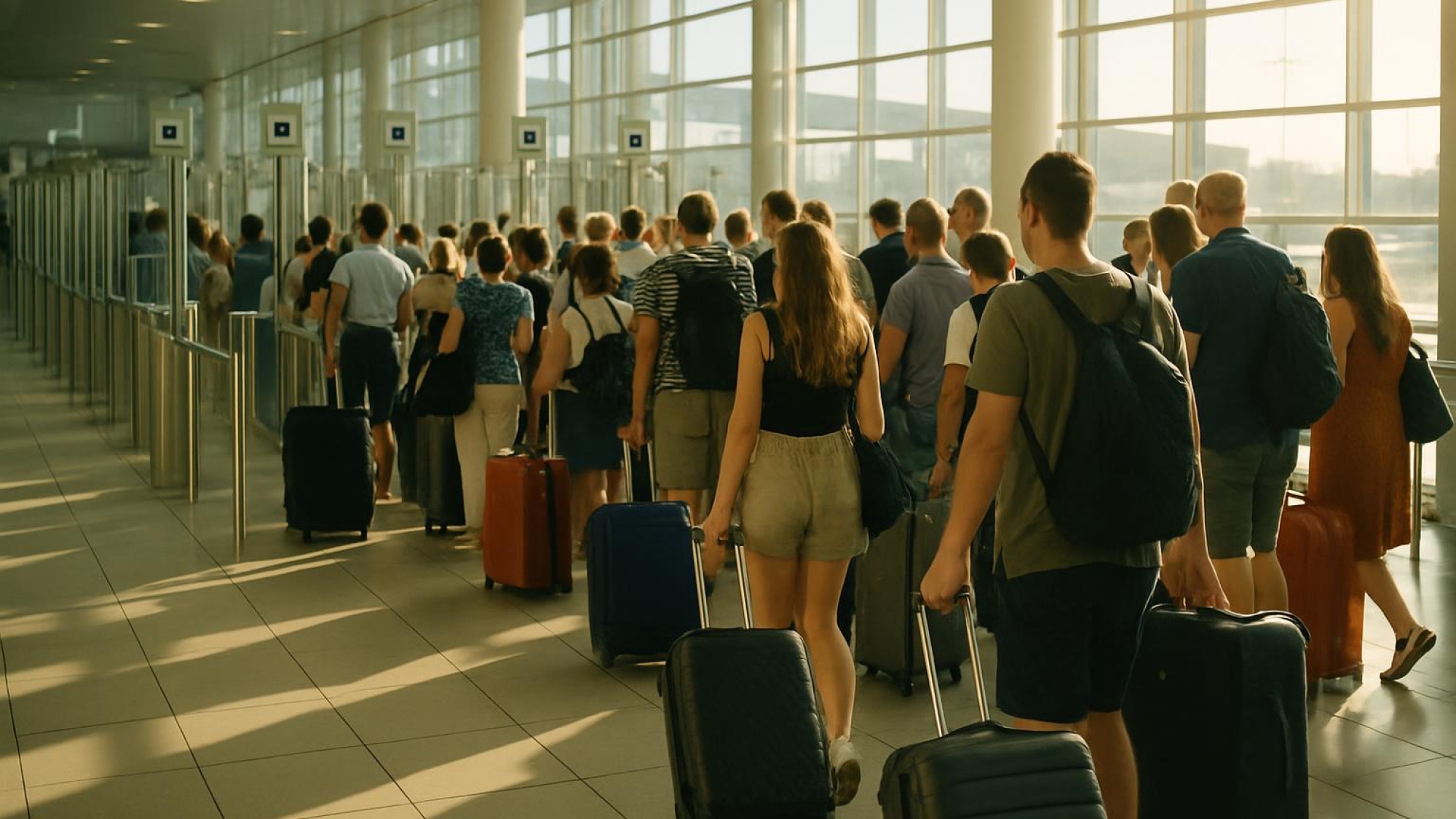 Fronty kvůli EES na letišti – cestující čekají u biometrické hraniční kontroly