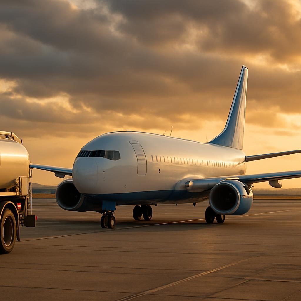 Výsledky Ryanairu – letadlo Boeing 737 a palivová cisterna na letišti