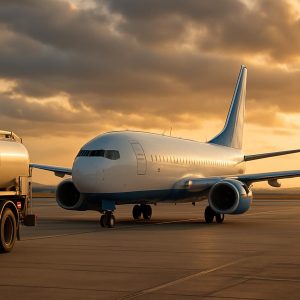 Výsledky Ryanairu – letadlo Boeing 737 a palivová cisterna na letišti
