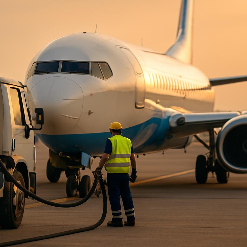 Výsledky Ryanairu – tankování letadla na letišti při západu slunce