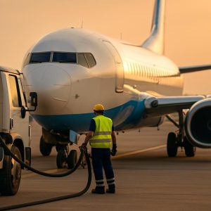 Výsledky Ryanairu – tankování letadla na letišti při západu slunce