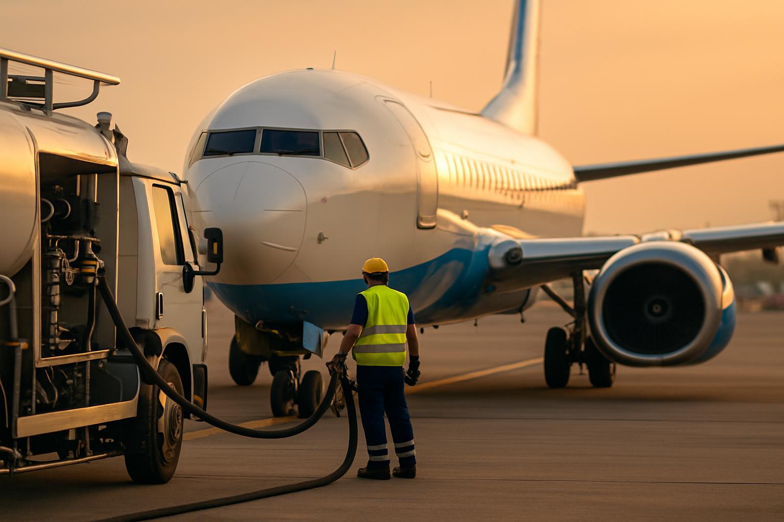 Výsledky Ryanairu – tankování letadla na letišti při západu slunce