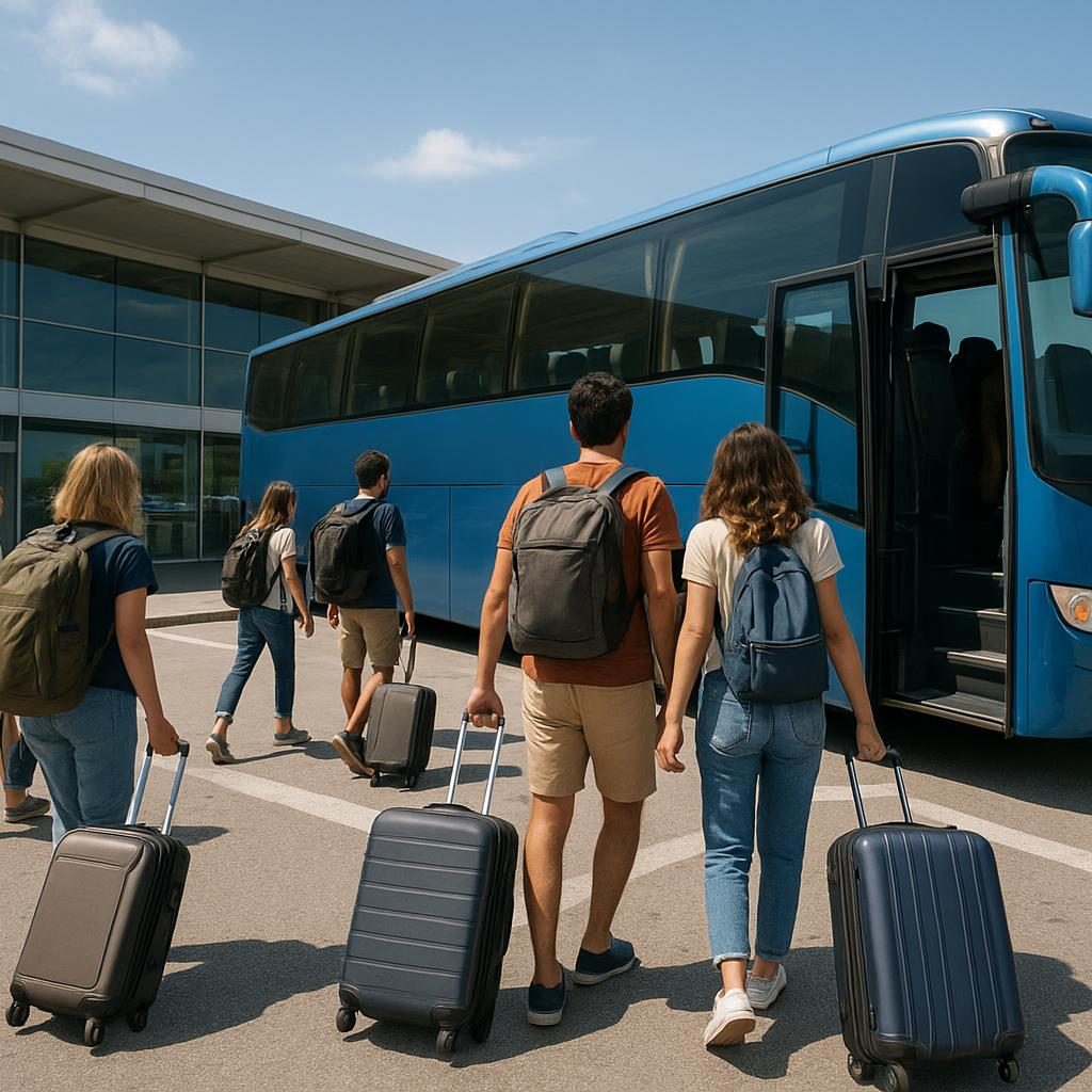 Letiště Bergamo - cestující nastupují do autobusu do centra Milána
