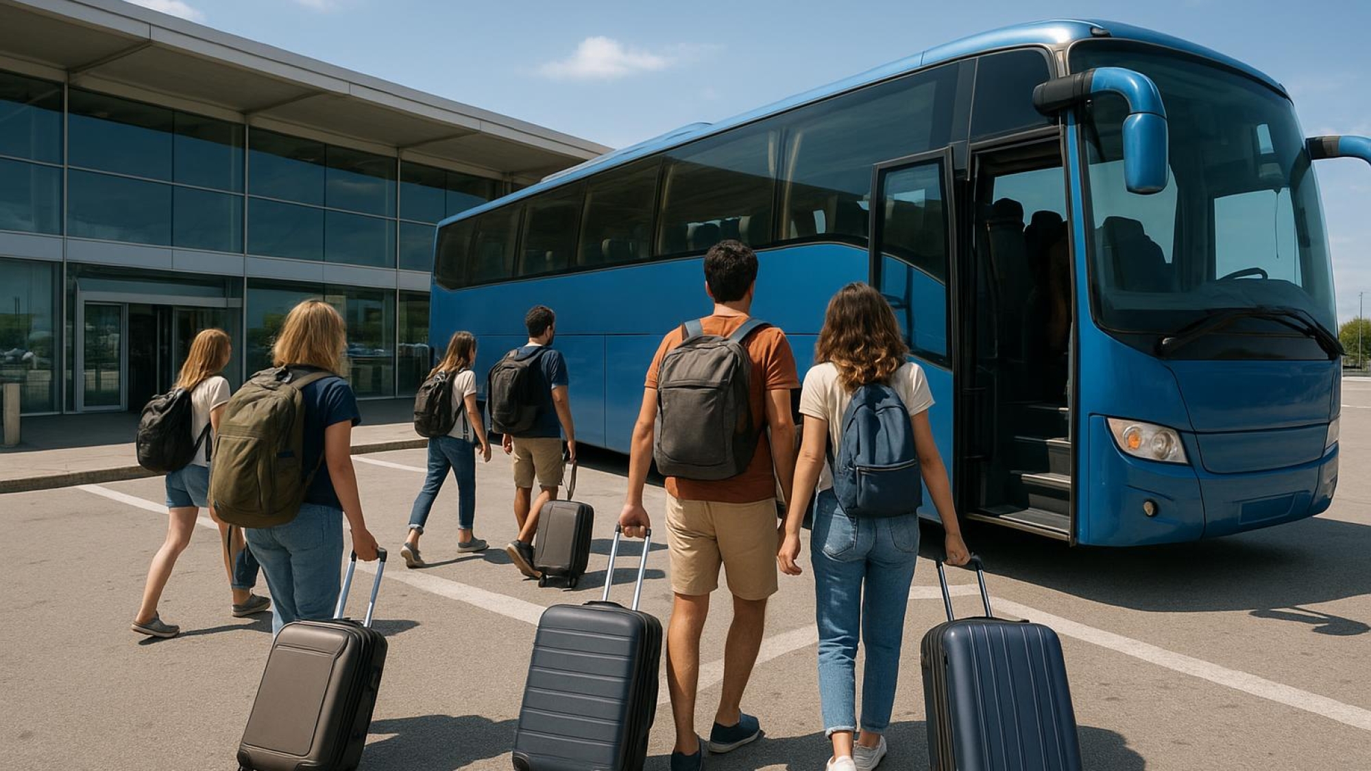 Letiště Bergamo - cestující nastupují do autobusu do centra Milána