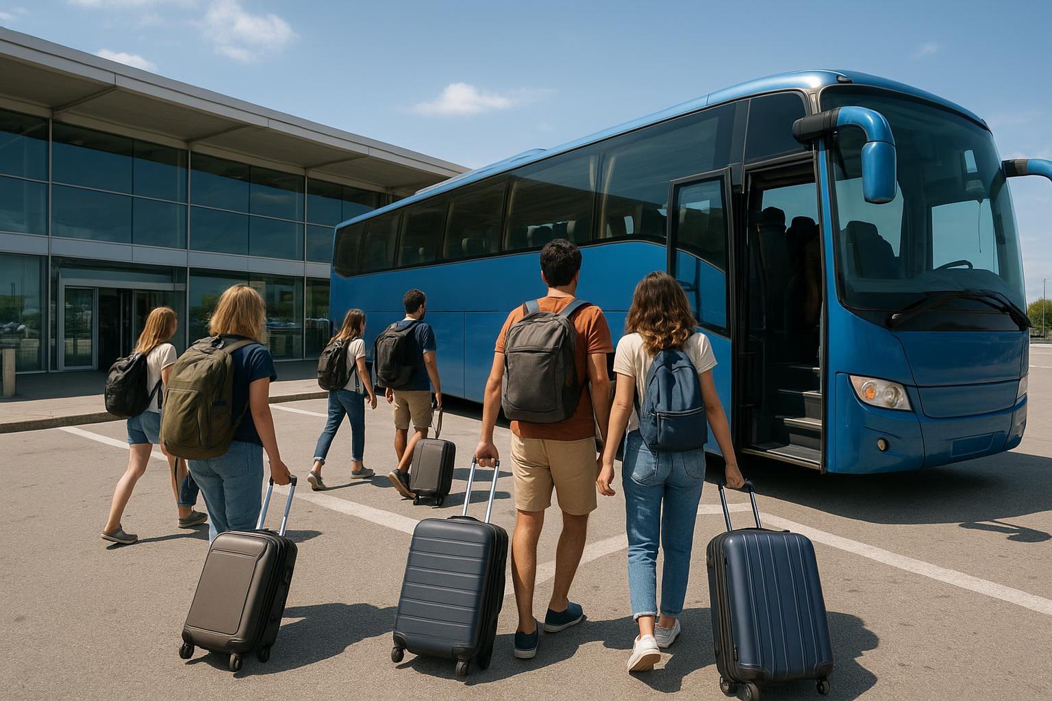 Letiště Bergamo - cestující nastupují do autobusu do centra Milána