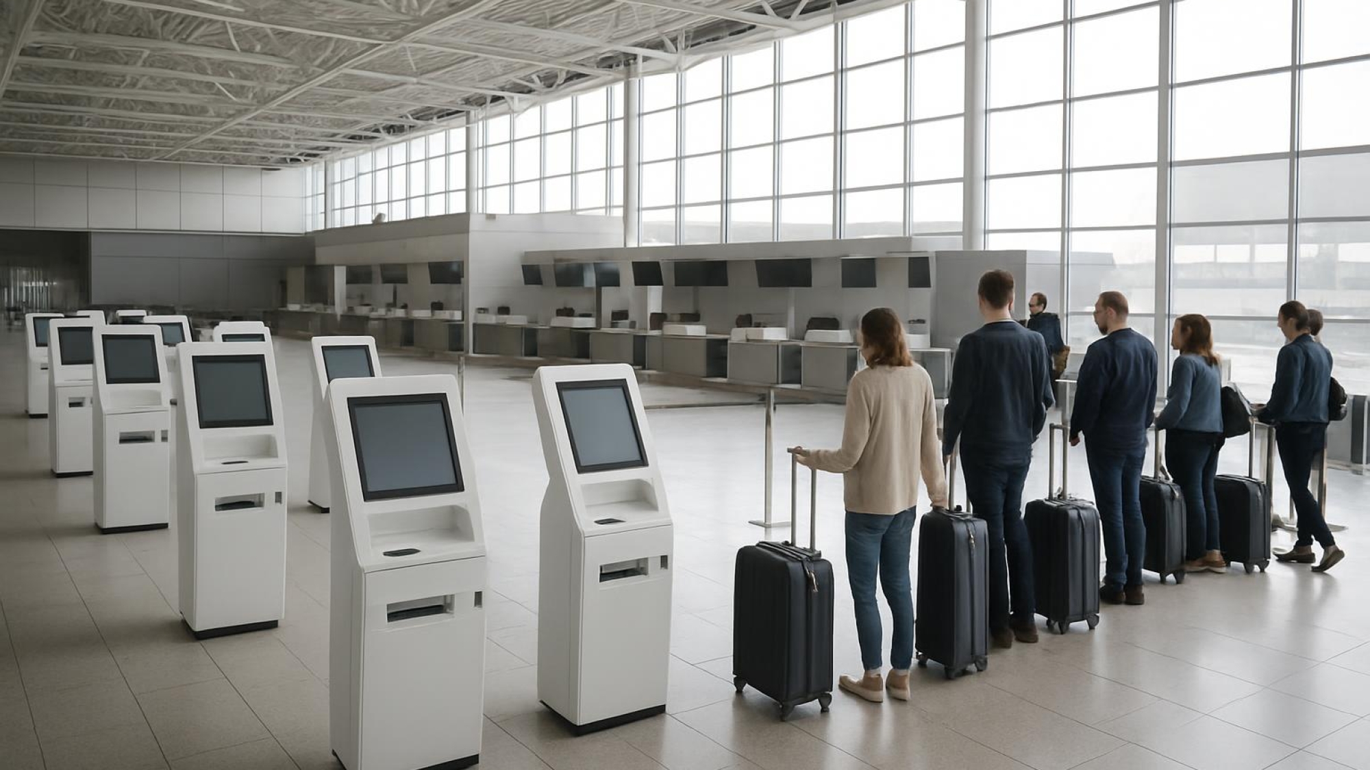 Ryanair odbavení 60 minut před odletem - bag drop kiosky a fronta cestujících na letišti