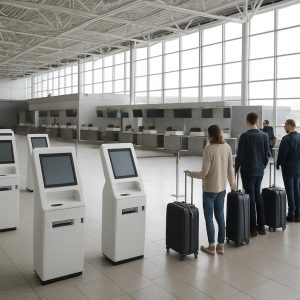 Ryanair odbavení 60 minut před odletem - bag drop kiosky a fronta cestujících na letišti