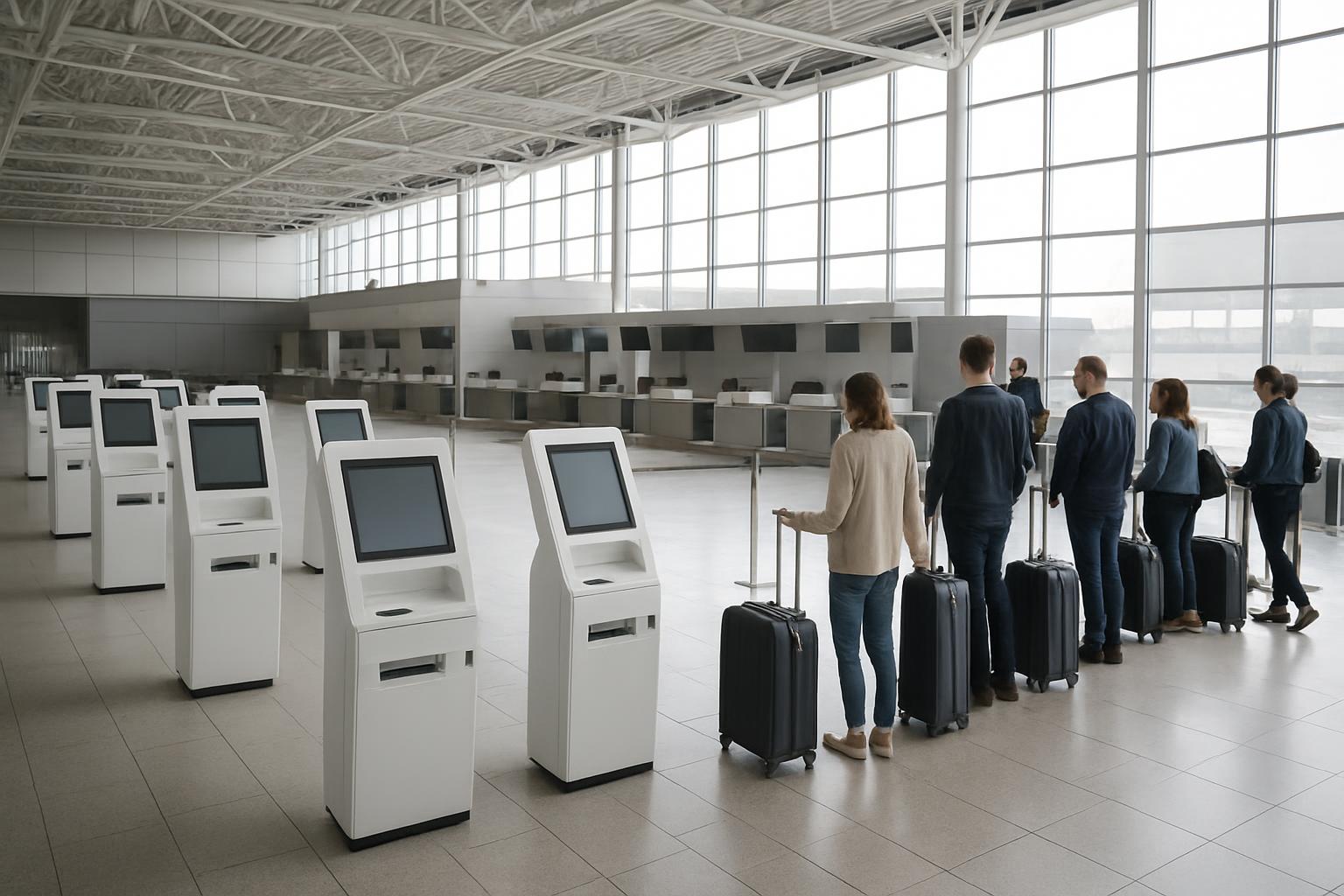 Ryanair odbavení 60 minut před odletem - bag drop kiosky a fronta cestujících na letišti